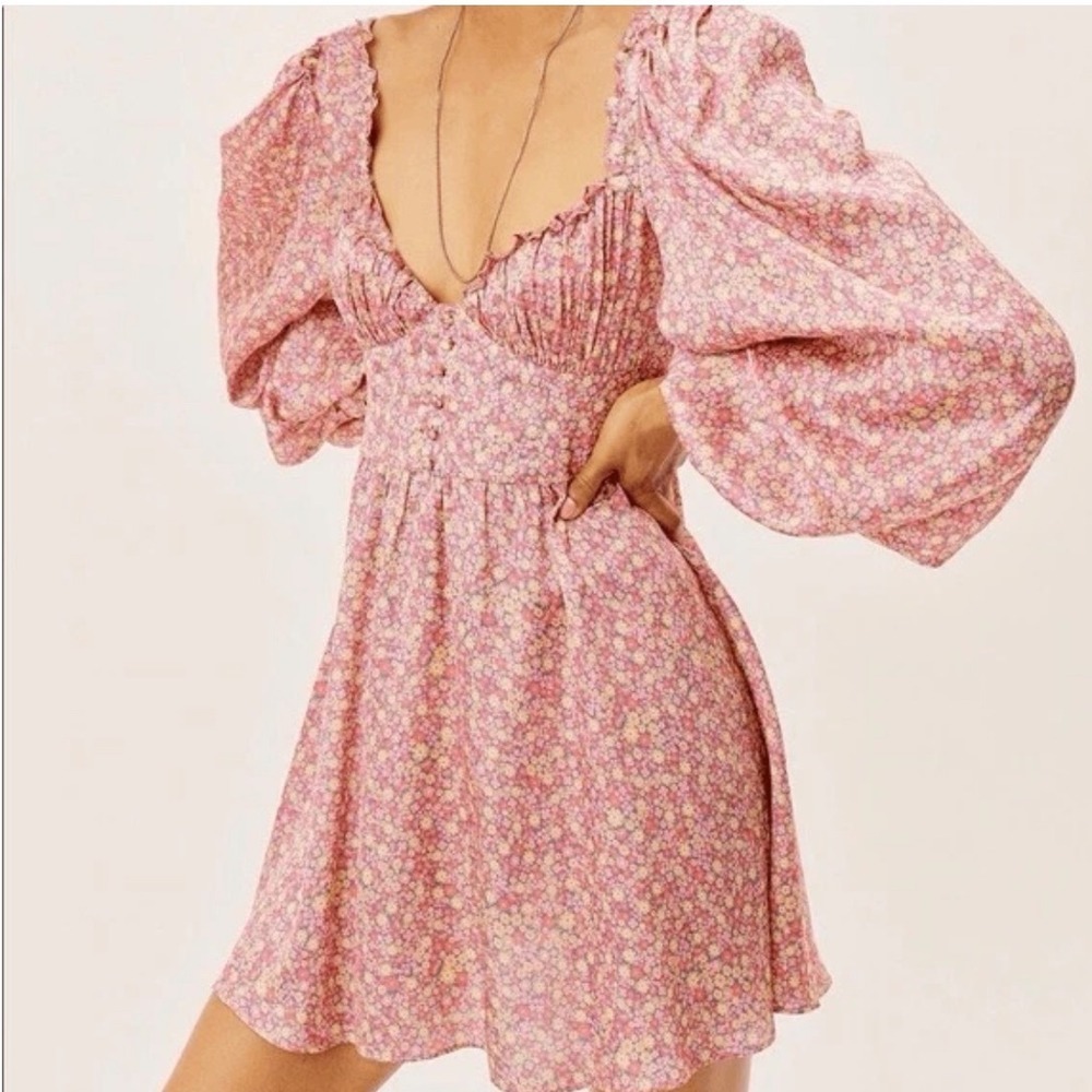 For Love & Lemons Laurie Pink Floral Puff Sleeve Mini Dress Size S Cottagecore